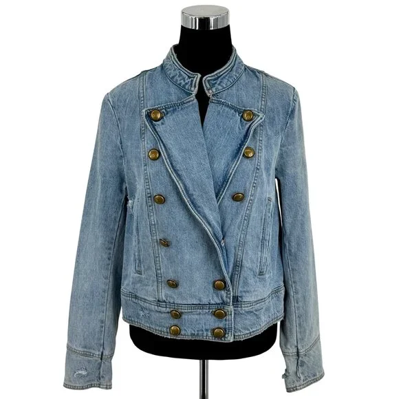 RARE Free People Military Denim Jacket L| Coastal Cowgirl Grunge Boho Streetwear - Picture 2 of 16